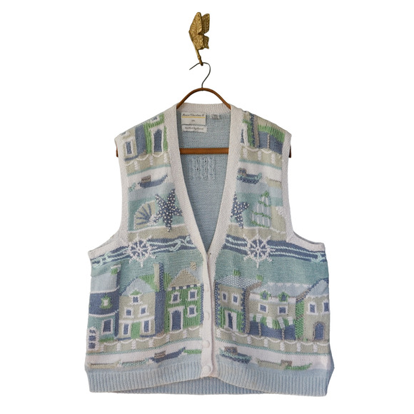 VTG Marisa Christina knit Sea Shore Sweater Vest 2X Cottagecore Whimsy Nautical - Picture 1 of 16